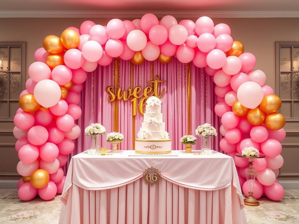 Sweet 16 cake table with balloon arch backdrop and decorations