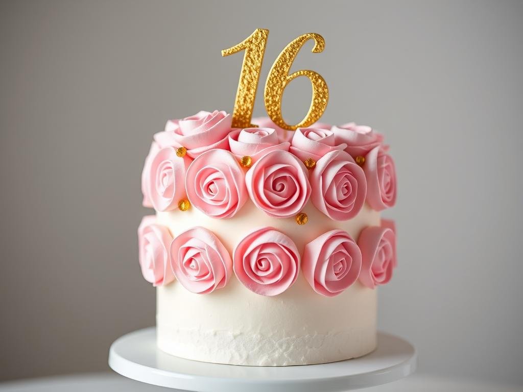 Sweet 16 cake with buttercream rosettes and gold accents