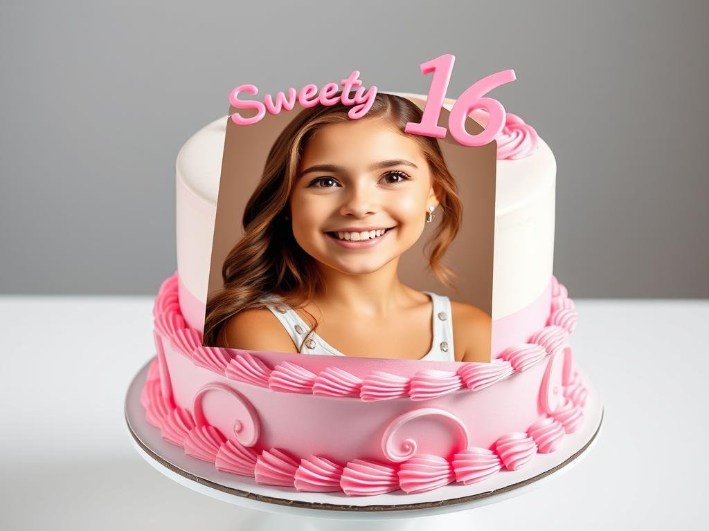 Sweet 16 cake with edible printed photo and decorative border
