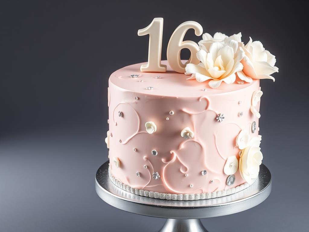Sweet 16 cake with pink fondant and decorative fondant flowers