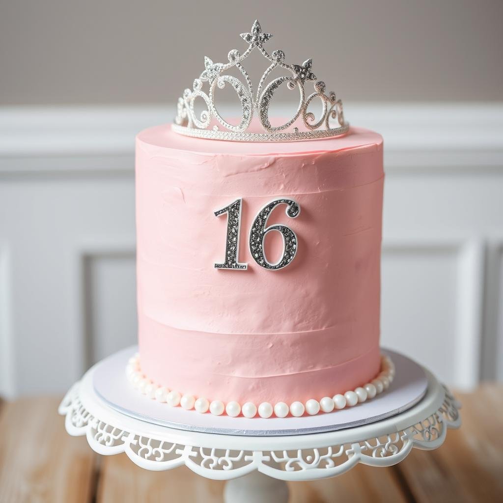 Sweet 16 cake with tiara topper and pearl decorations