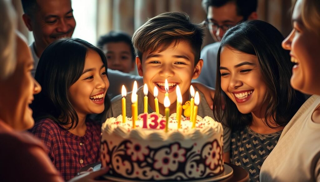 Teenager smiling with their 13th birthday cake surrounded by family and friends Teenager smiling with their 13th birthday cake surrounded by family and friends