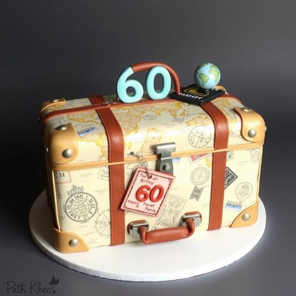 Travel-themed 60th birthday cake with suitcase and world map design