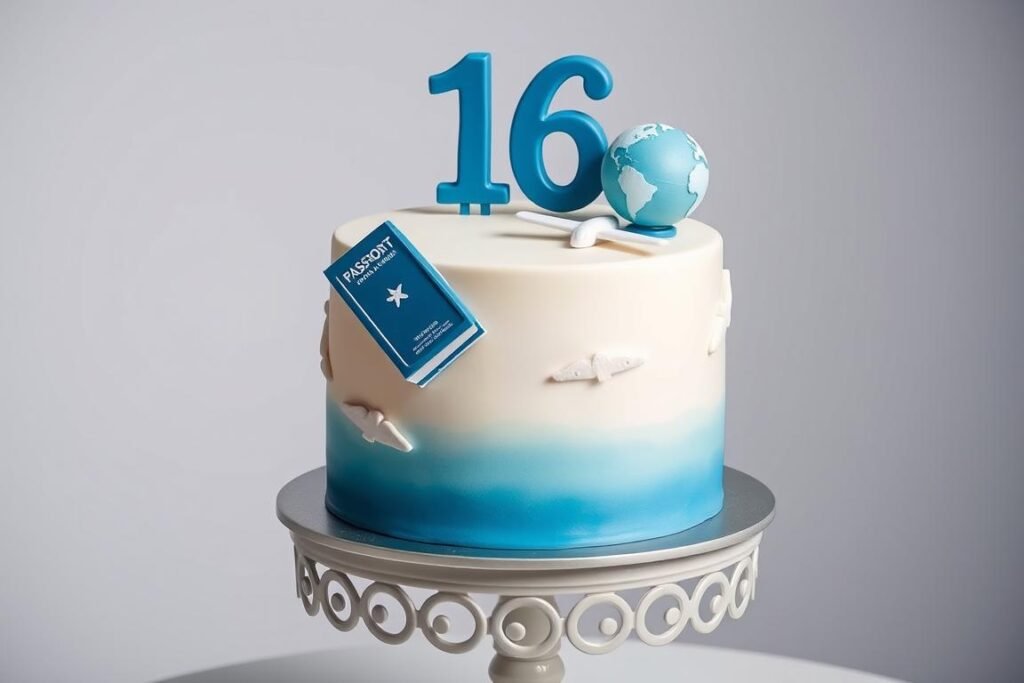 Travel-themed sweet 16 cake with passport and globe decorations
