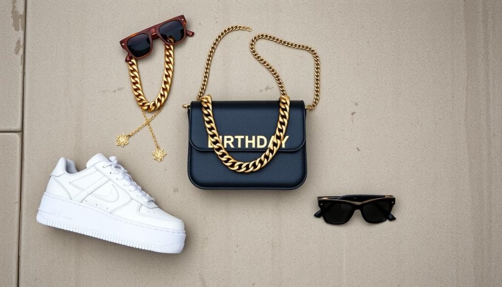 Trendy streetwear birthday outfit accessories including chunky jewelry and platform sneakers