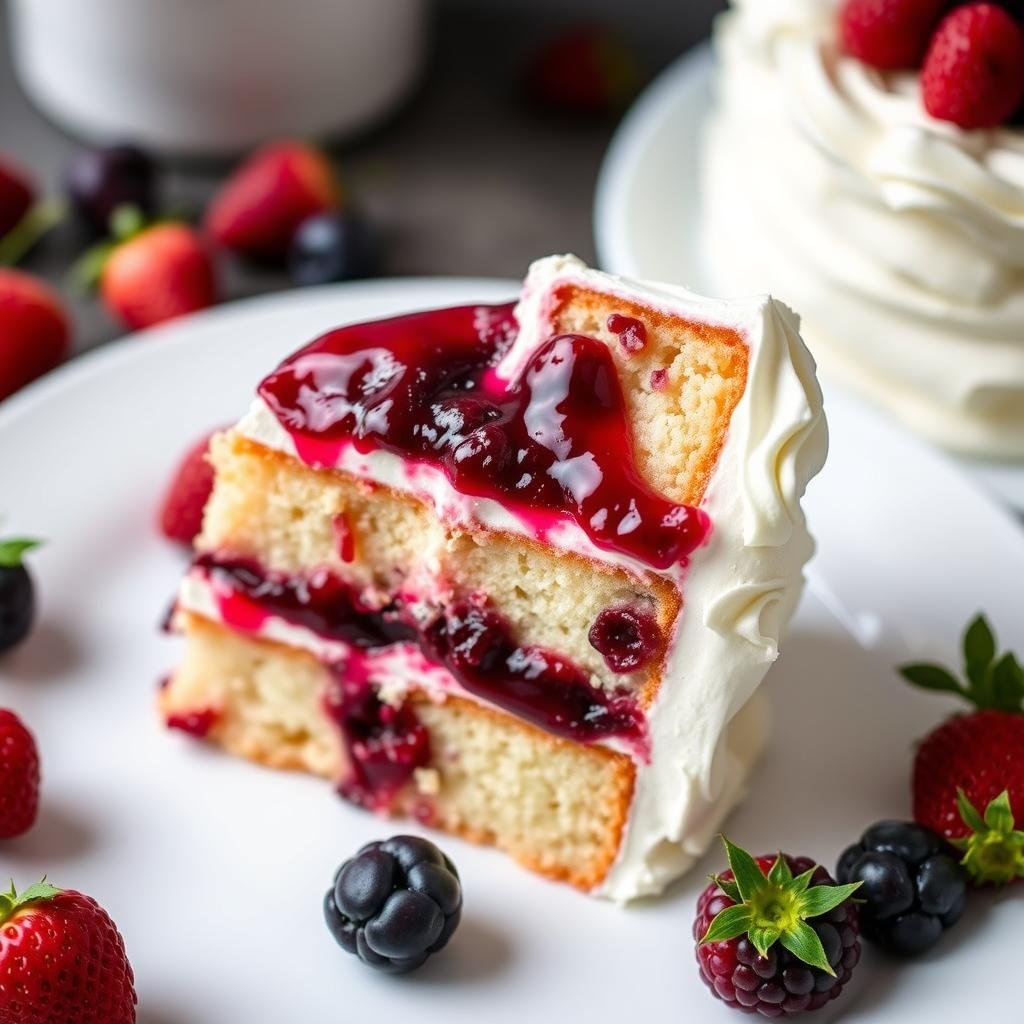 Vanilla cake with berry compote filling and buttercream frosting