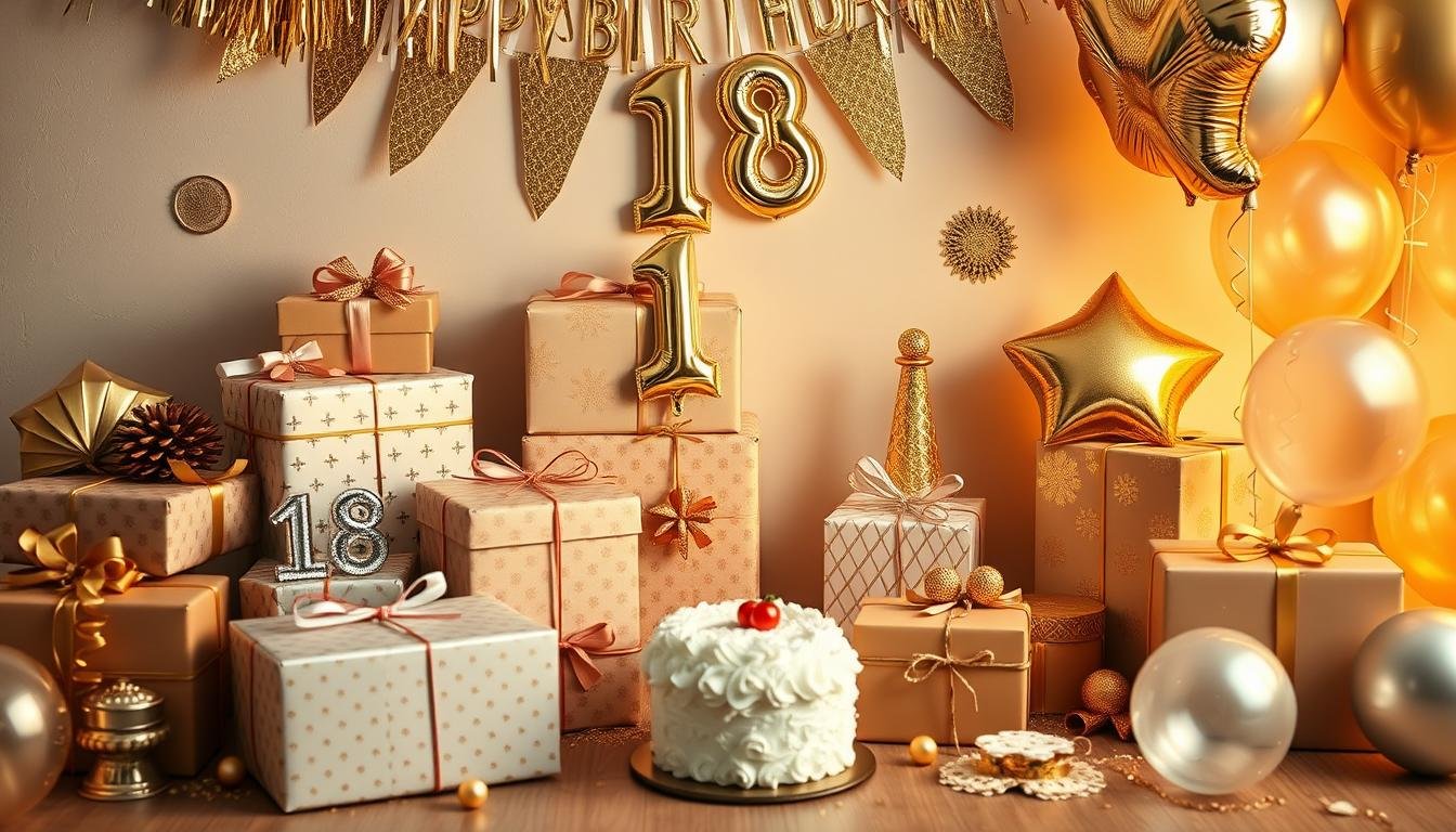 Various 18th birthday gifts beautifully wrapped with celebration decorations