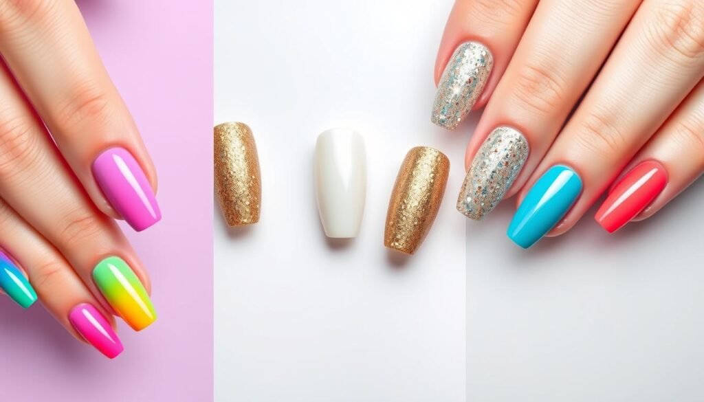 Various color schemes for birthday nails including pastels, metallics, and bold combinations