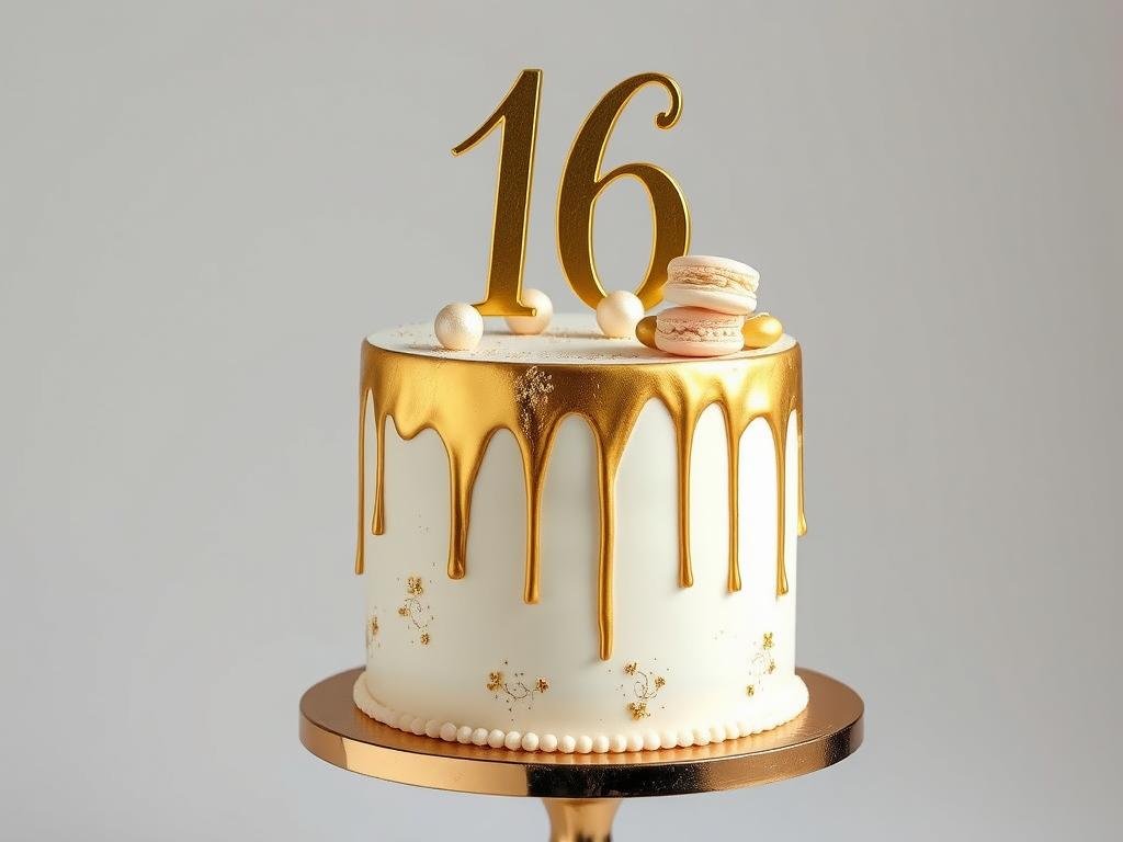 White sweet 16 cake with gold leaf accents and metallic decorations