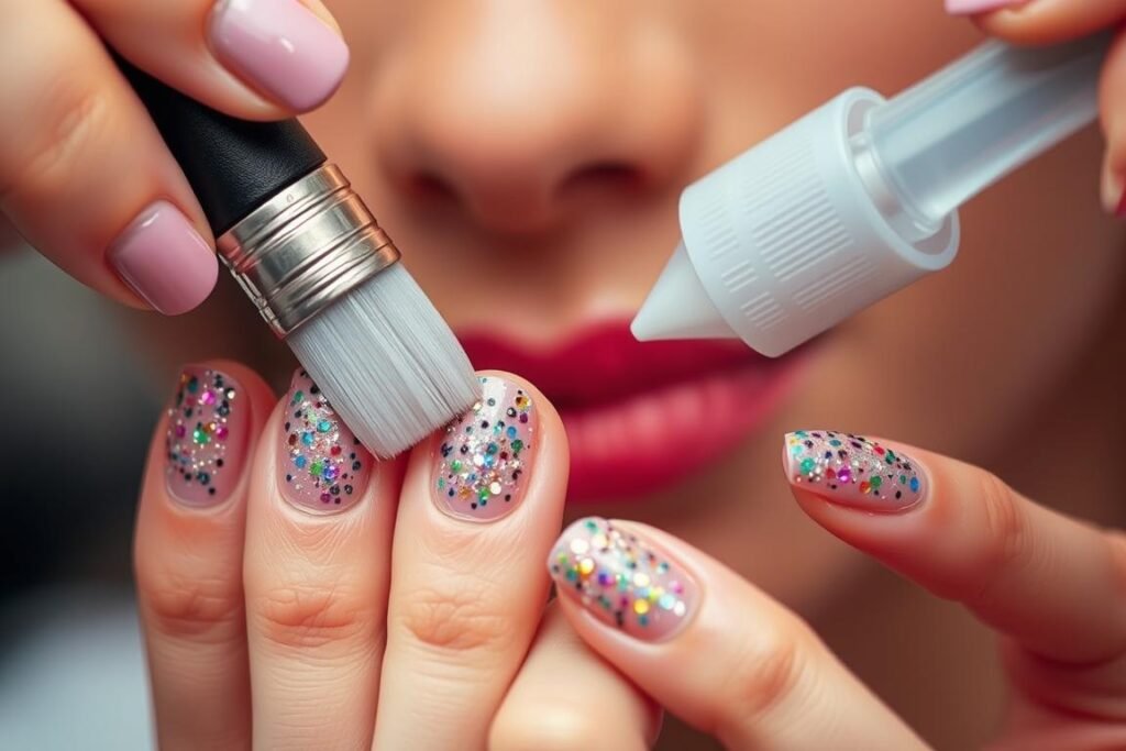 Woman applying top coat to protect birthday nails with glitter and designs