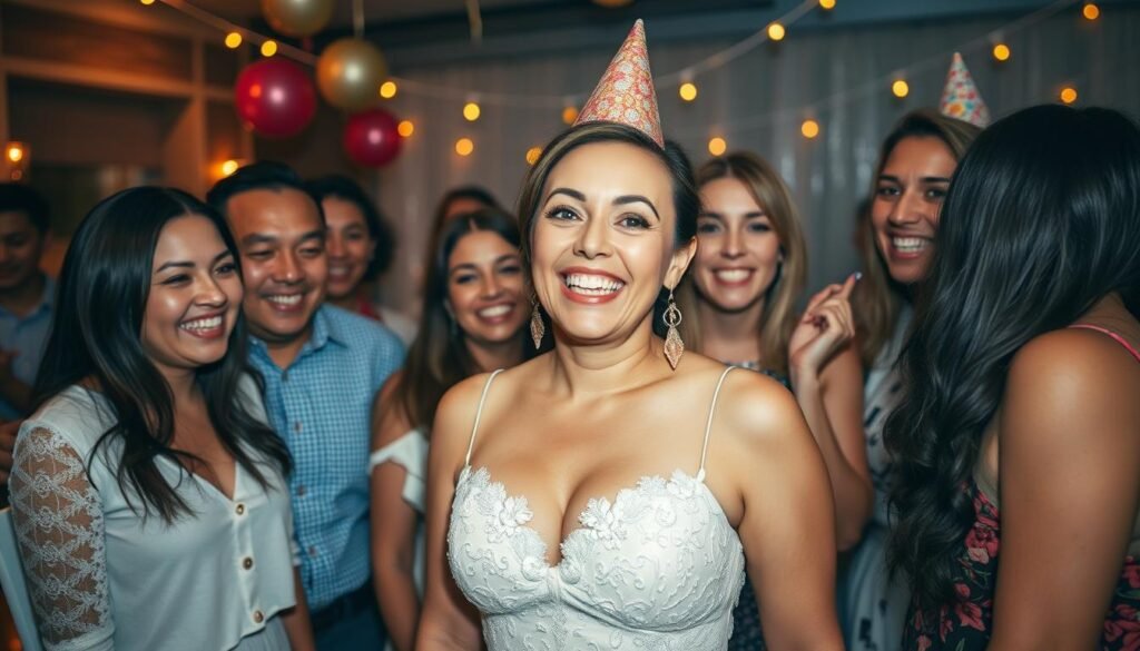 Woman celebrating birthday in perfect dress surrounded by friends Woman celebrating birthday in perfect dress surrounded by friends