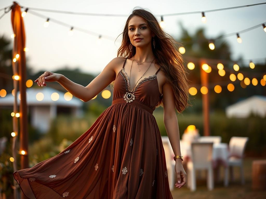 Woman in bohemian style birthday dress at outdoor celebration Woman in bohemian style birthday dress at outdoor celebration