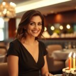 Woman in elegant birthday dinner dress at restaurant celebration