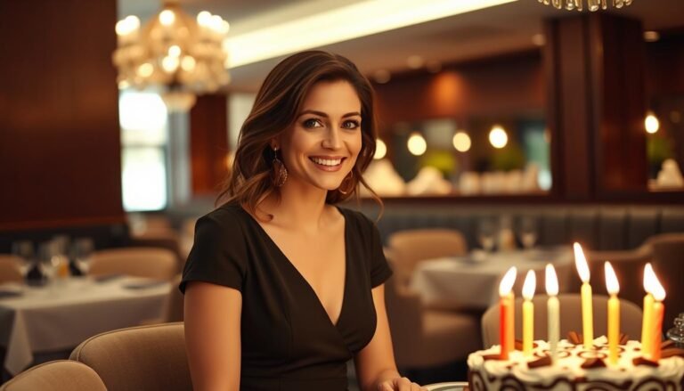 Woman in elegant birthday dinner dress at restaurant celebration