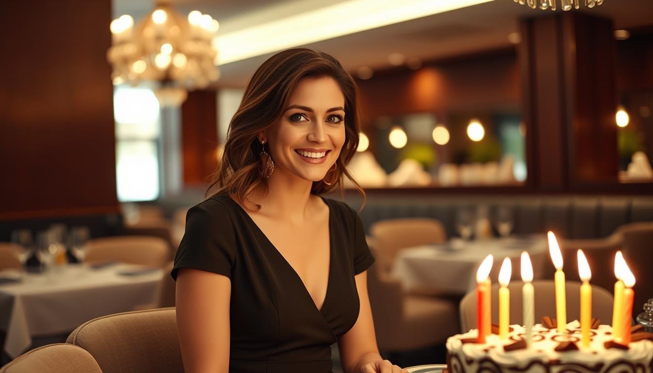 Woman in elegant birthday dinner dress at restaurant celebration