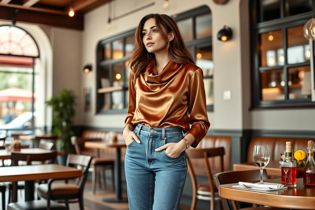 Woman in jeans and statement top for birthday brunch