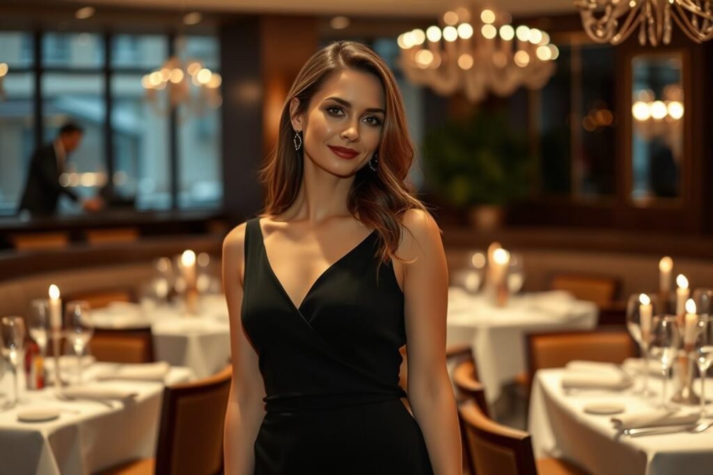 Woman in little black dress for elegant birthday dinner