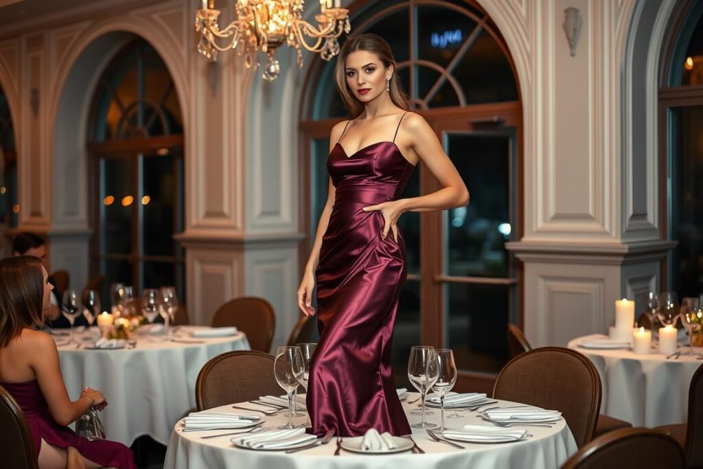 Woman in midi slip dress for birthday celebration