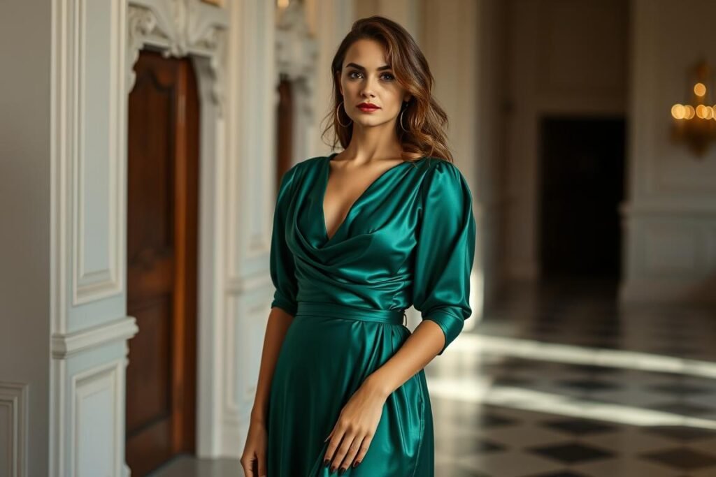 Woman in satin cowl neck maxi dress for birthday