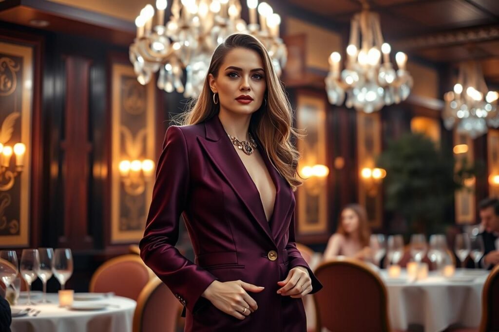 Woman in tailored suit for birthday dinner celebration