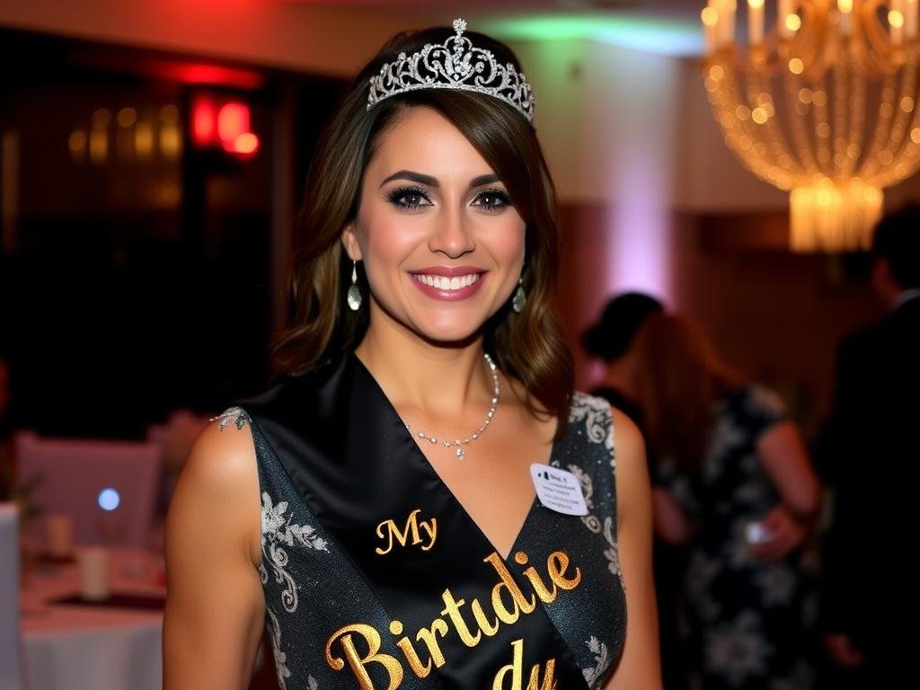 Woman wearing a stylish 'Birthday Baddie' sash and rhinestone crown Woman wearing a stylish 'Birthday Baddie' sash and rhinestone crown