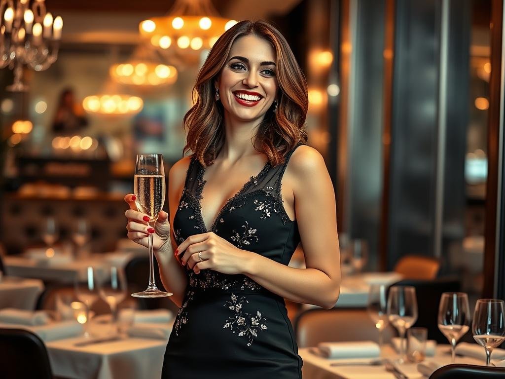 Woman wearing an elegant black cocktail dress for a birthday celebration