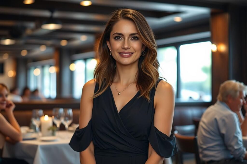 Woman wearing casual-elegant birthday dinner dress