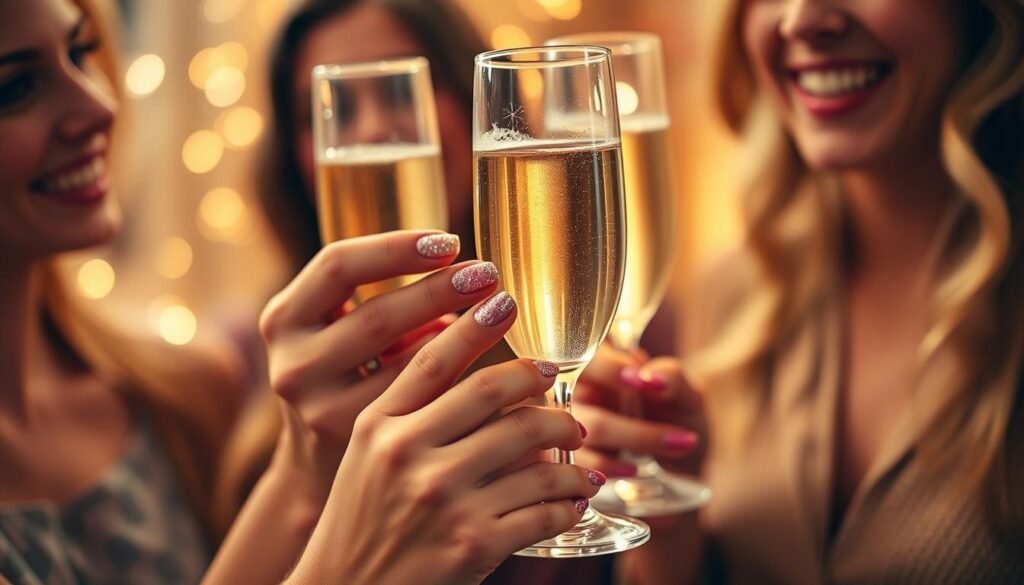 Woman with beautiful birthday nails celebrating with friends