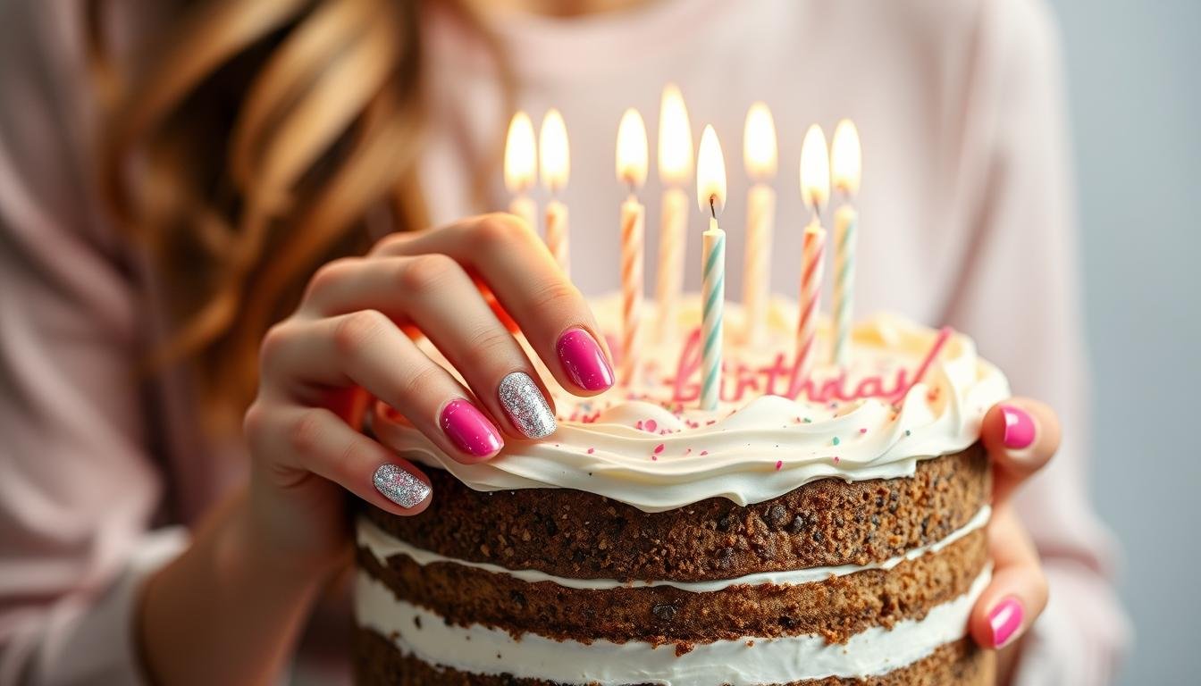 Woman with sparkling birthday nails holding a birthday cake with candles