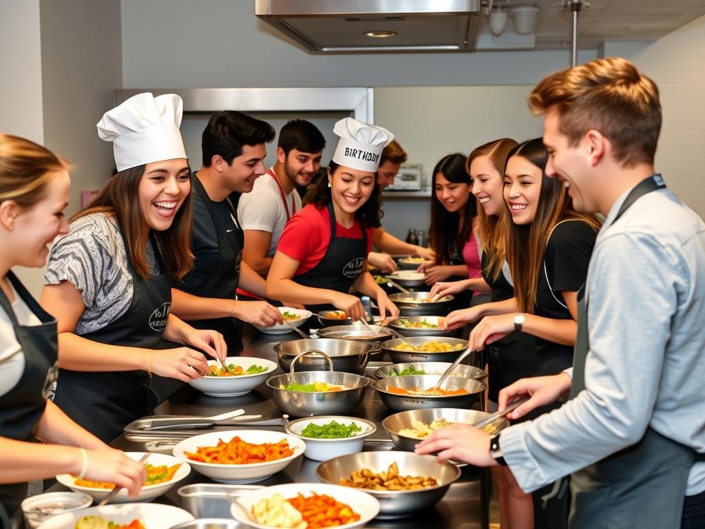 Young adults enjoying a cooking class as an 18th birthday experience Young adults enjoying a cooking class as an 18th birthday experience