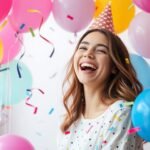 Young woman celebrating her 18th birthday with balloons and confetti