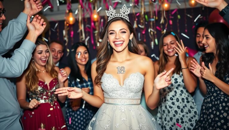 Young woman in a stunning 18th birthday dress celebrating her special day