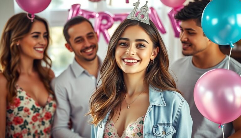 Young woman in a stylish 18th birthday outfit with friends celebrating