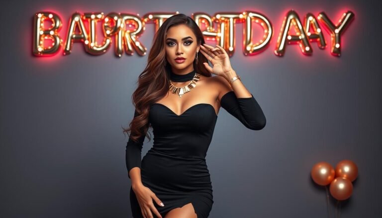 Young woman in a stylish baddie birthday outfit featuring a bodycon dress and statement accessories