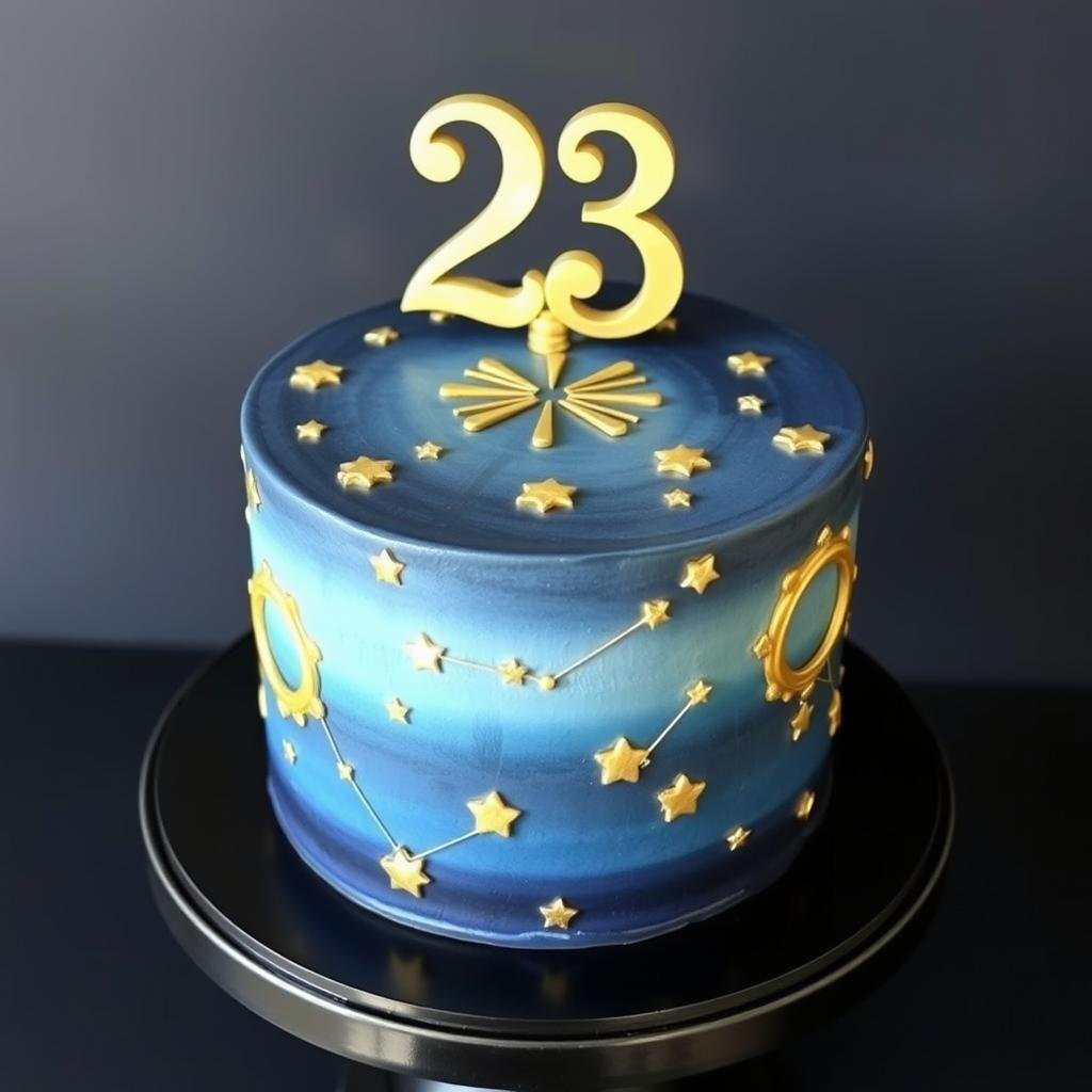 Zodiac-themed 23 birthday cake with constellation designs and astrological elements