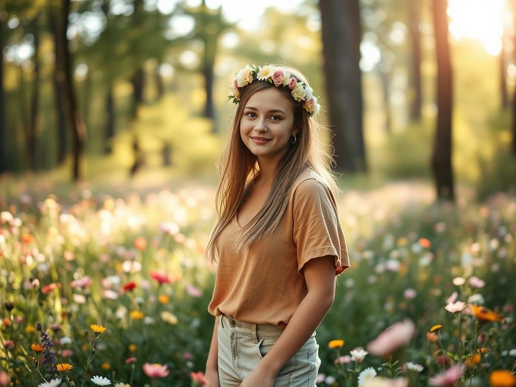 17th birthday nature-inspired photoshoot with teenager in a flower field or forest setting 17th birthday nature-inspired photoshoot with teenager in a flower field or forest setting
