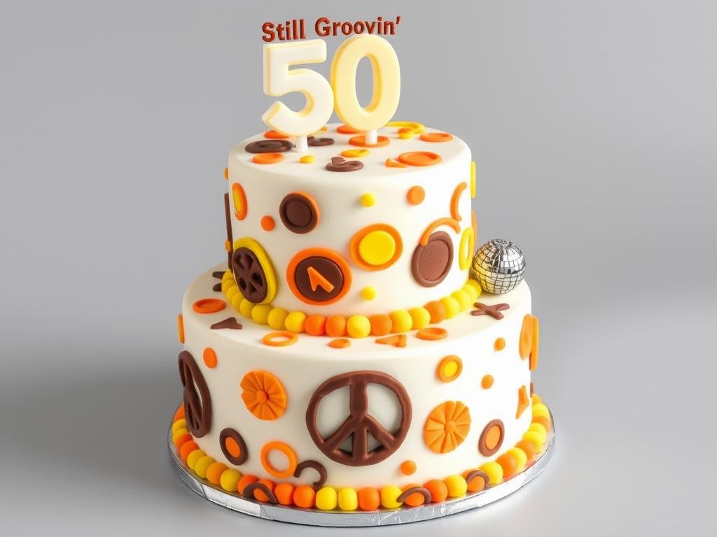 1970s-themed 50th birthday cake with disco ball, peace signs, and retro colors 1970s-themed 50th birthday cake with disco ball, peace signs, and retro colors