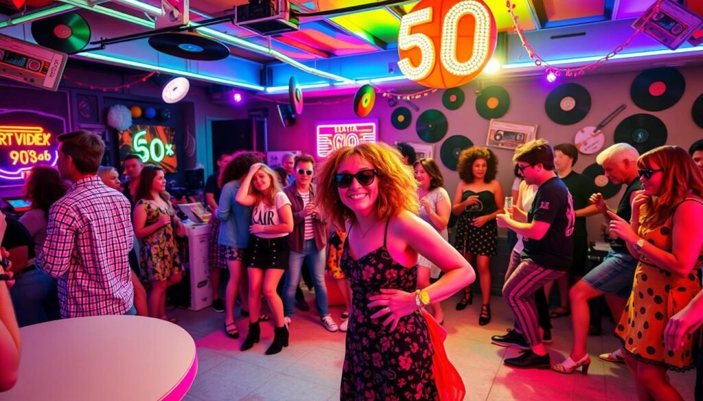 1980s themed 50th birthday party with neon decorations
