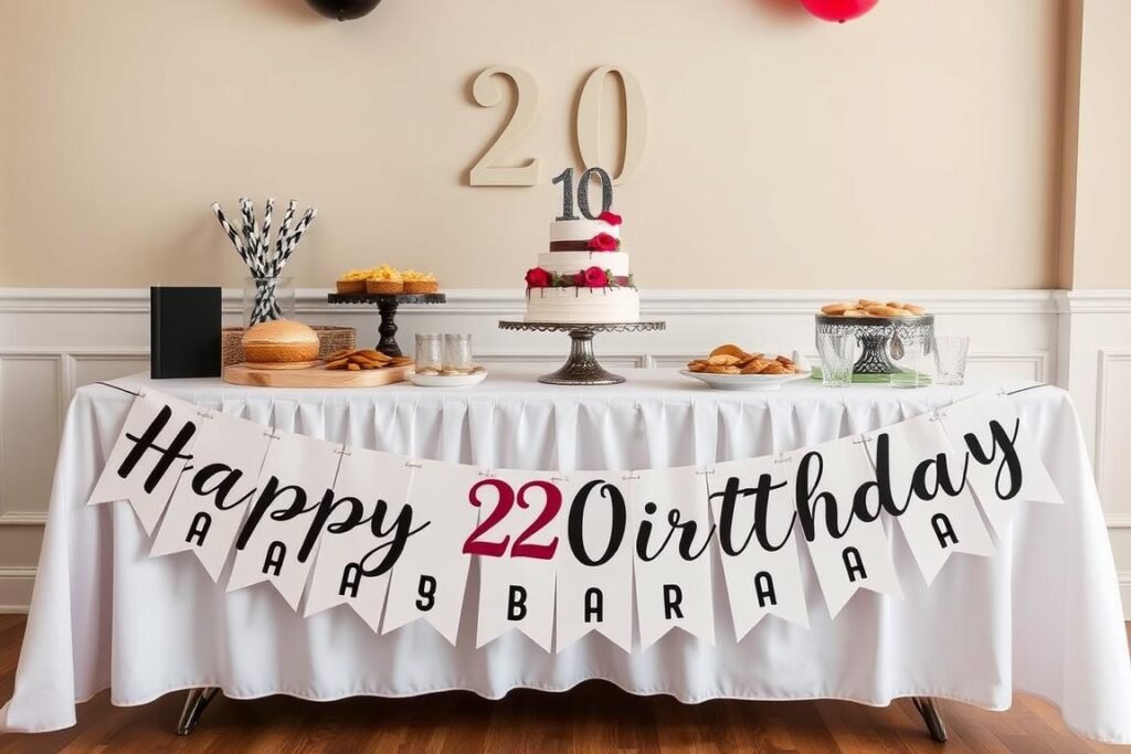 20th birthday banner attached to the front of a cake or buffet table 20th birthday banner attached to the front of a cake or buffet table