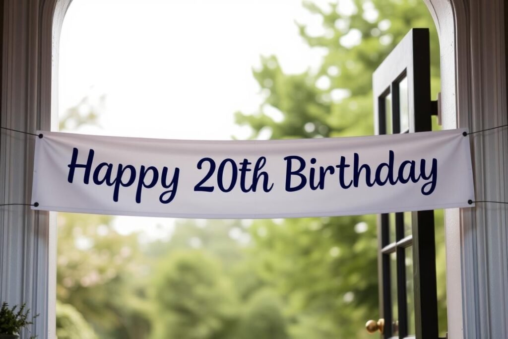 20th birthday banner displayed across an entrance or doorway 20th birthday banner displayed across an entrance or doorway