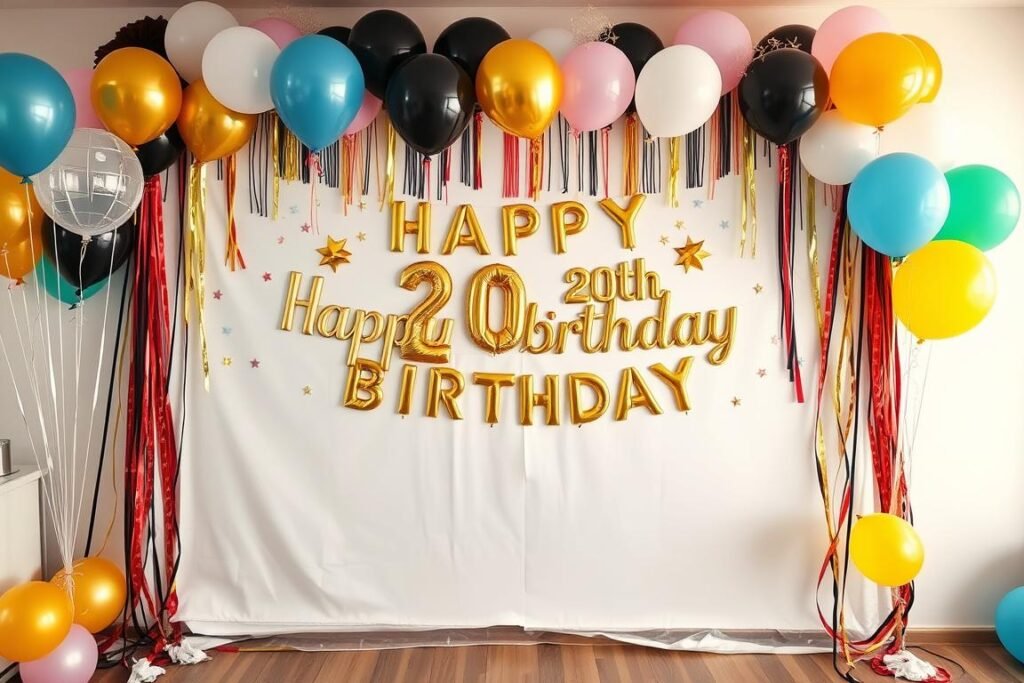 20th birthday banner displayed as a photo backdrop wall with decorations 20th birthday banner displayed as a photo backdrop wall with decorations