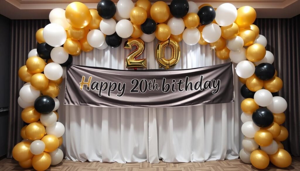 20th birthday banner integrated with balloon arch and decorations 20th birthday banner integrated with balloon arch and decorations