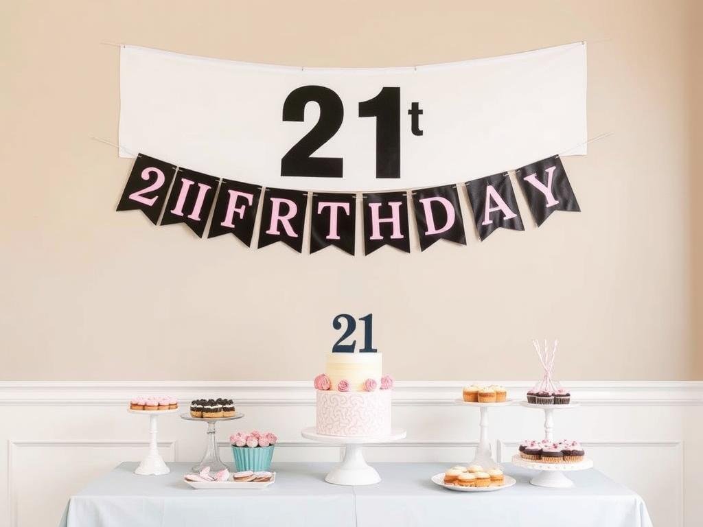 21st birthday banner hanging behind dessert table