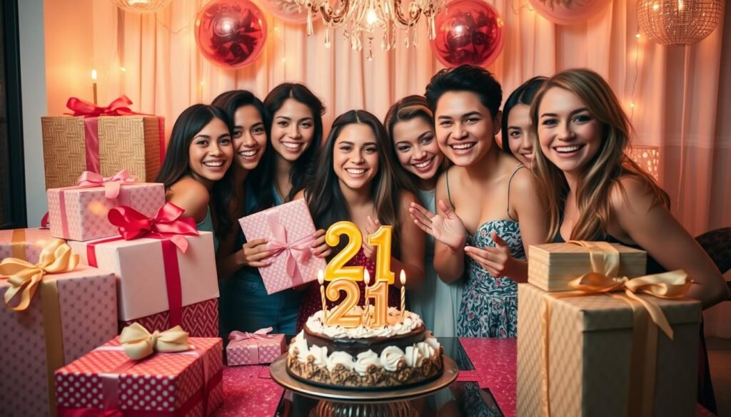 21st birthday celebration with gifts, decorations, and friends