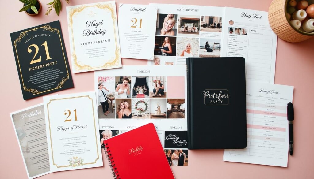 21st birthday party planning materials including invitations, decorations samples, and theme mood board