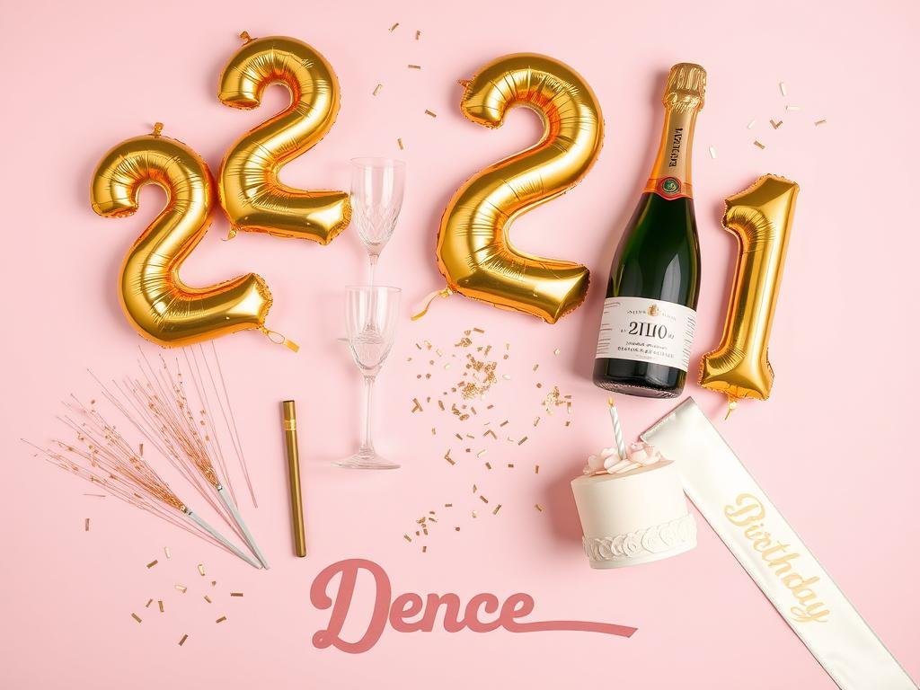 21st birthday photoshoot props including number balloons, champagne, and sparklers