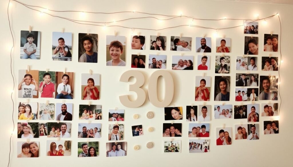 30th birthday photo memory wall with pictures from different ages and decorative elements 30th birthday photo memory wall with pictures from different ages and decorative elements