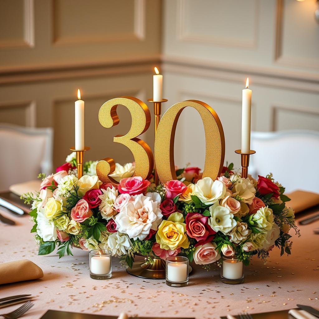 30th birthday table centerpiece with number display, flowers, and candles 30th birthday table centerpiece with number display, flowers, and candles