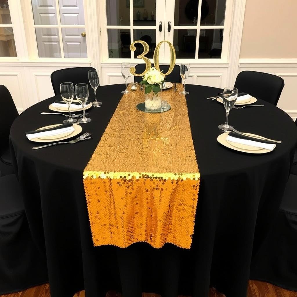 30th birthday table with gold sequin runner on black tablecloth 30th birthday table with gold sequin runner on black tablecloth