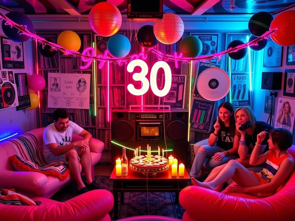 90s themed 30th birthday party with retro decorations, cassette tapes, and neon colors